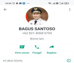 Whatsapp penipu mencatut nama Wabup Bengkalis, H Bagus Santoso.(foto: zulkarnaen/halloriau.com)